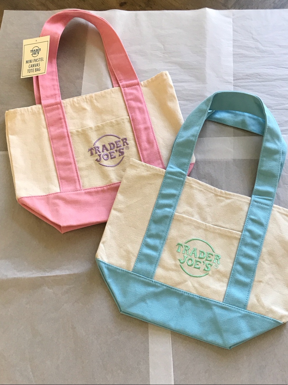 Trader Joe's Mini Canvas Tote Bag Set of 2 - Pink & Cream, Blue & Cream.